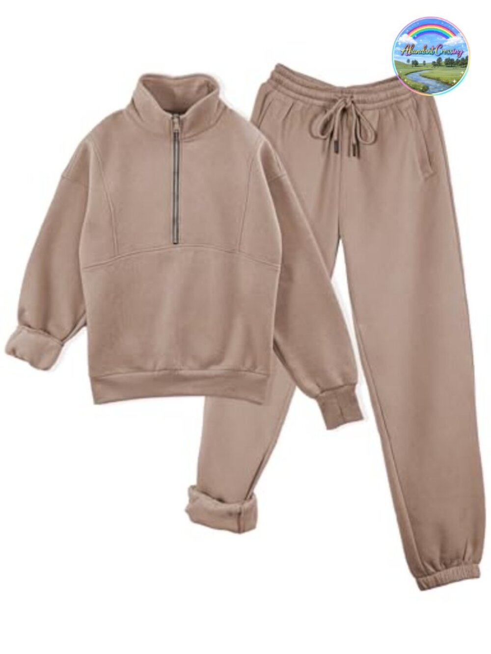 Fleece Lined Sweatsuit 2 Piece Half Zip Jogger Set Cotton Blend Women